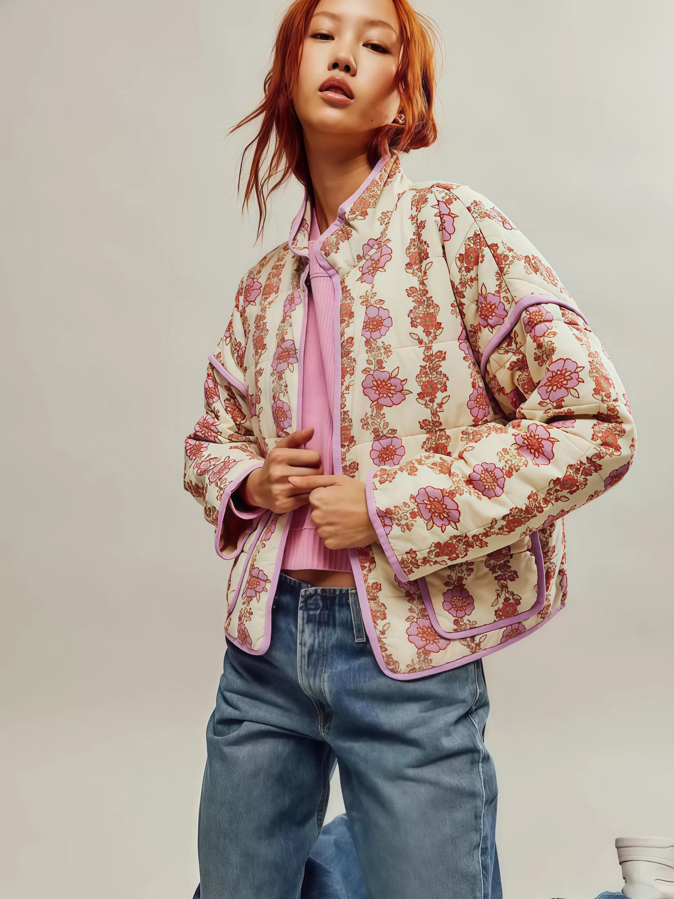 Floral Stand Collar Outwear Coat