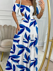 Floral Strapless Cold Shoulder Skater Long Dress