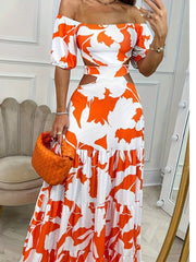 Floral Strapless Cold Shoulder Skater Long Dress
