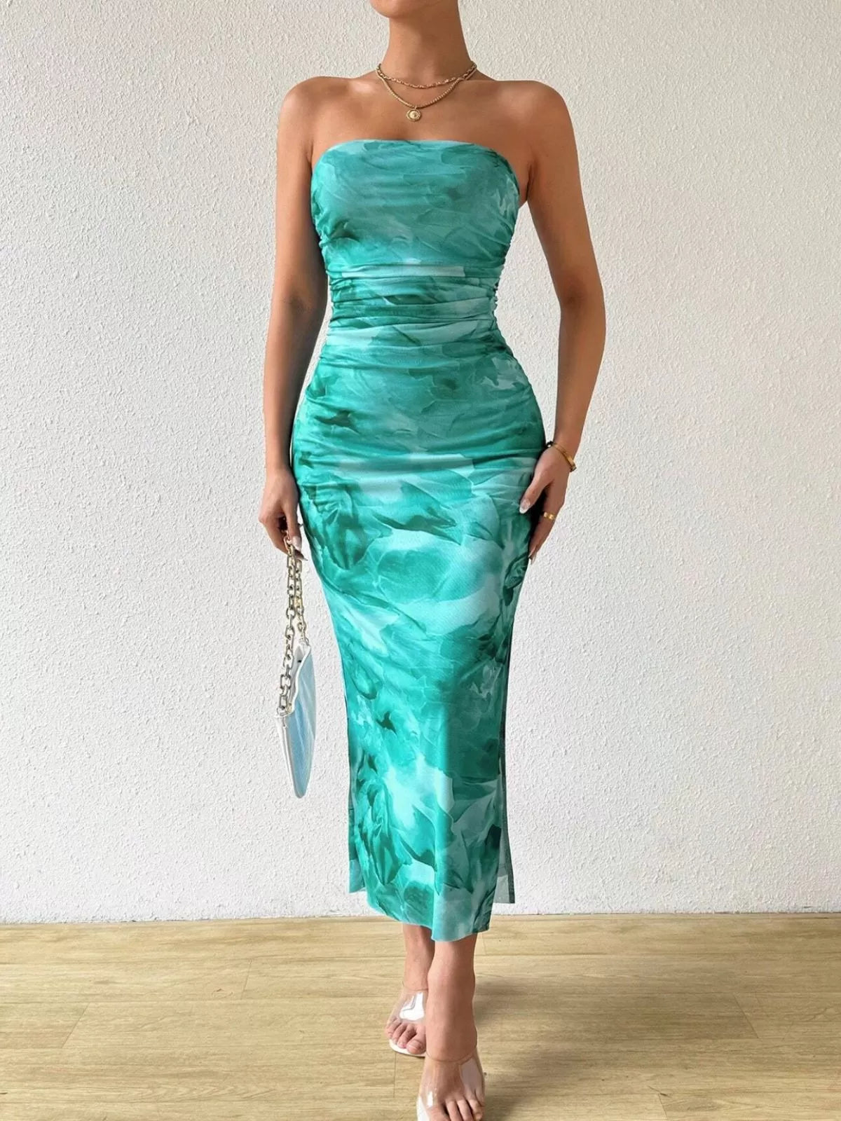 Floral Strapless Sleeveless Long Slit Bodycon Dress