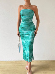Floral Strapless Sleeveless Long Slit Bodycon Dress