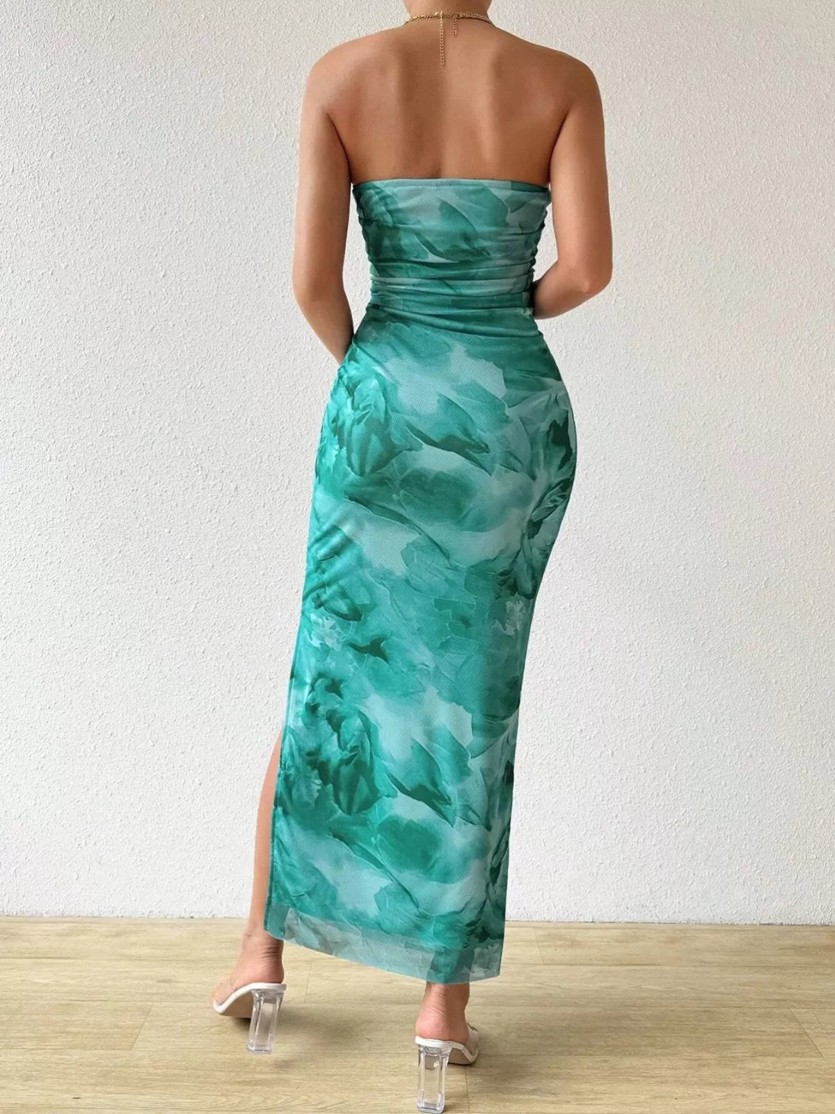Floral Strapless Sleeveless Long Slit Bodycon Dress