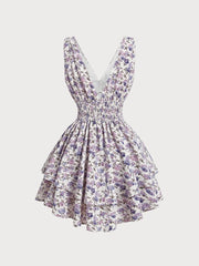 Ditsy Floral Suspender Wrinkle Short Tiered Dress