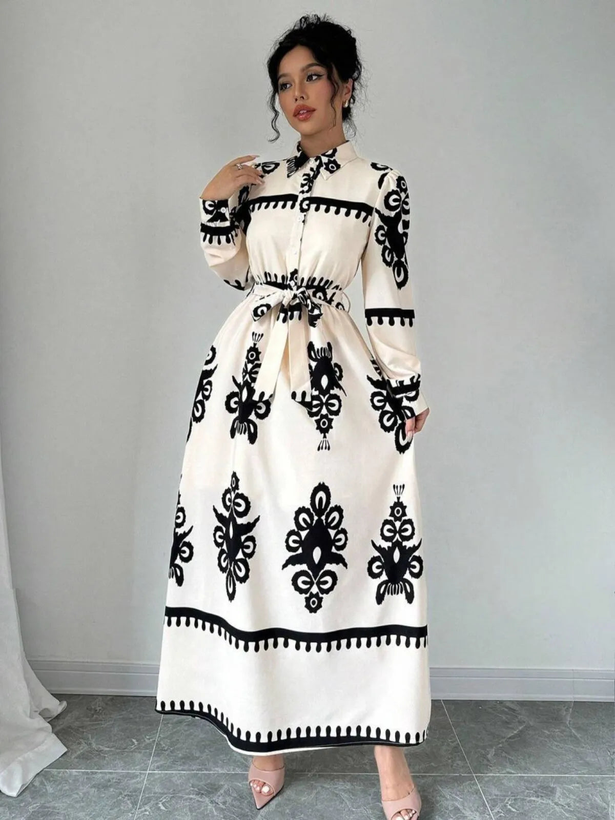 Floral Tie Back Lapel A-line Dress
