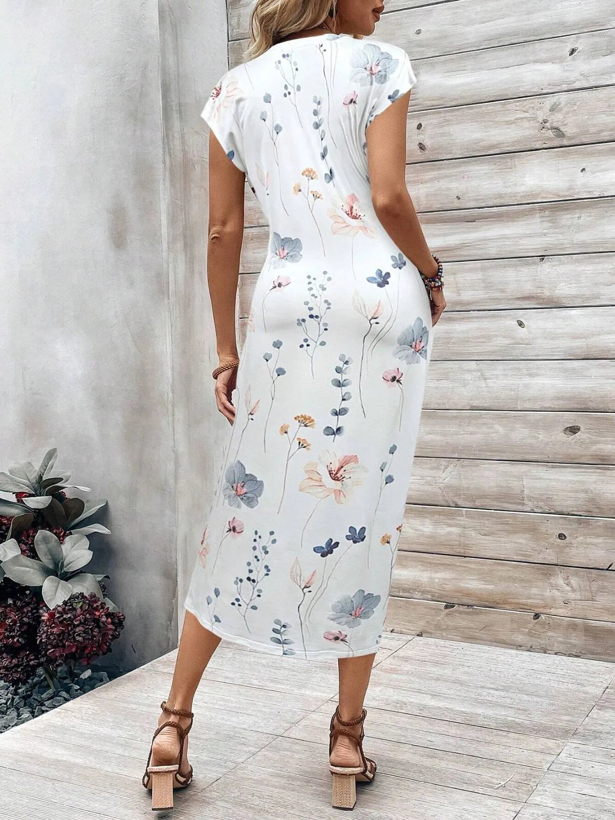 Solid Casual Floral Striped All Over Print Knot Lace-up Round Neck Cap Sleeve Bodycon Dress