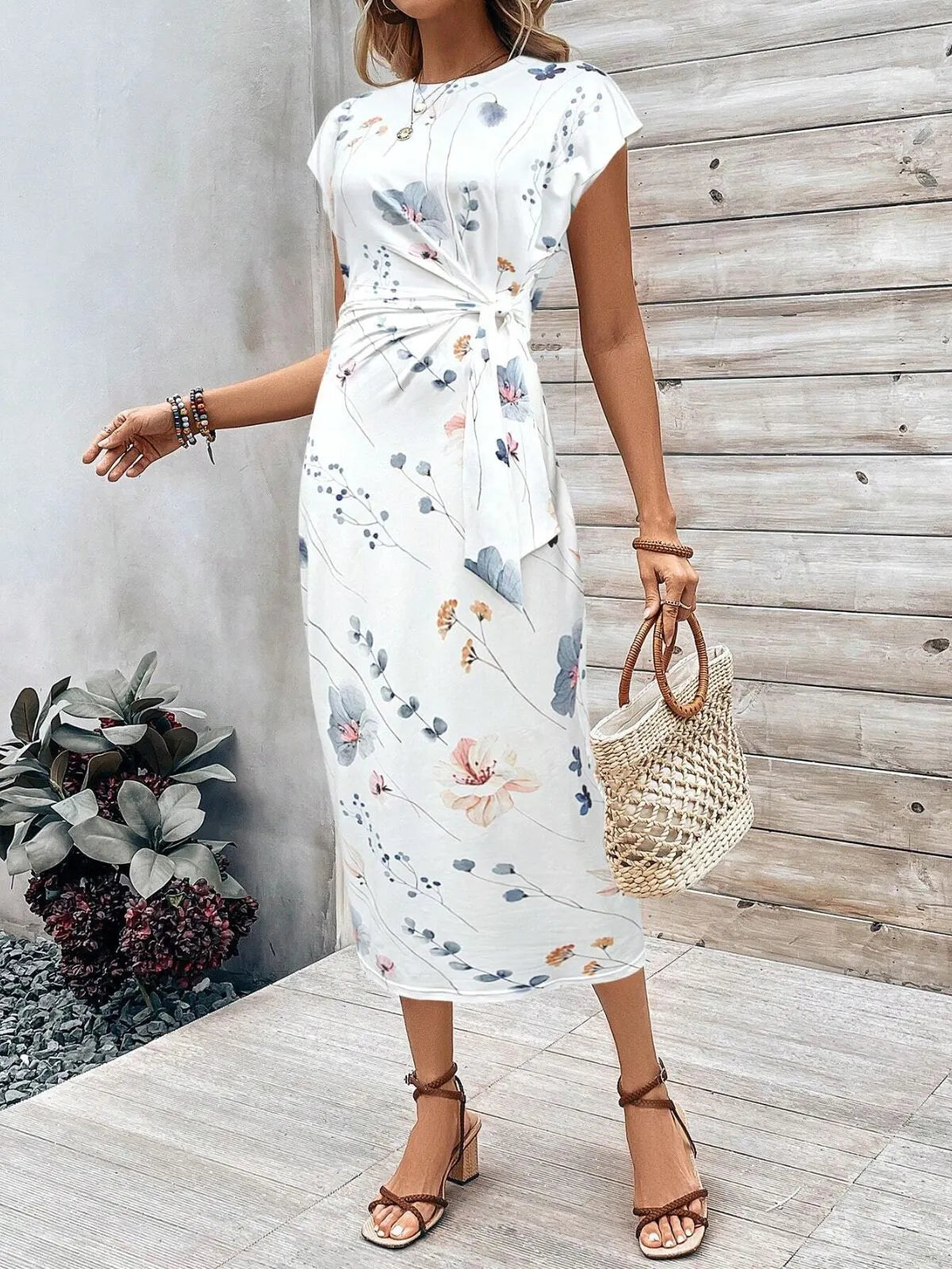 Solid Casual Floral Striped All Over Print Knot Lace-up Round Neck Cap Sleeve Bodycon Dress