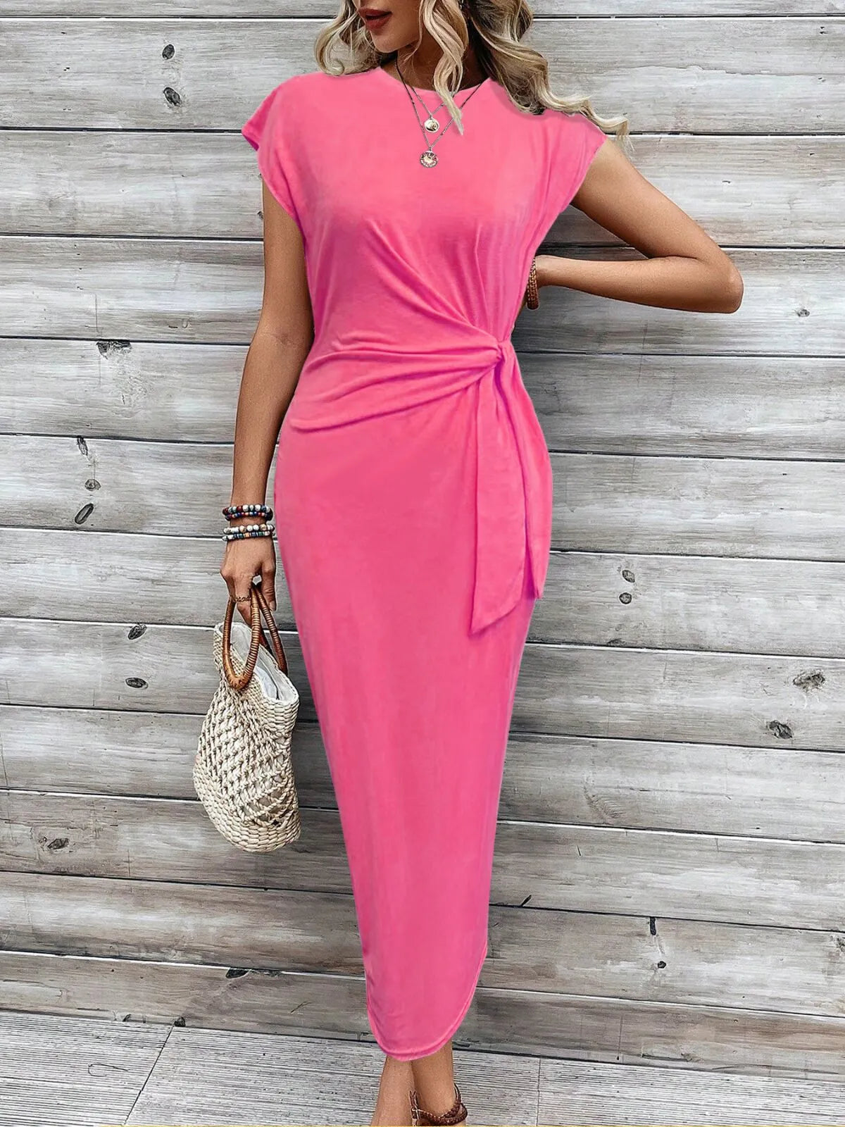 Solid Casual Floral Striped All Over Print Knot Lace-up Round Neck Cap Sleeve Bodycon Dress