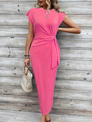 Solid Casual Floral Striped All Over Print Knot Lace-up Round Neck Cap Sleeve Bodycon Dress