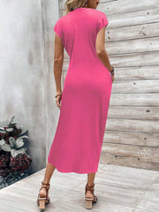 Solid Casual Floral Striped All Over Print Knot Lace-up Round Neck Cap Sleeve Bodycon Dress