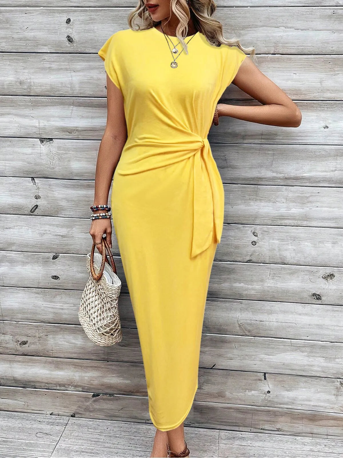 Solid Casual Floral Striped All Over Print Knot Lace-up Round Neck Cap Sleeve Bodycon Dress