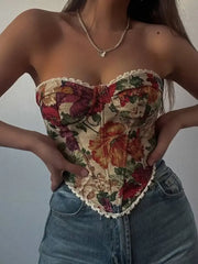 Floral Tie Back Strapless Corset Tank