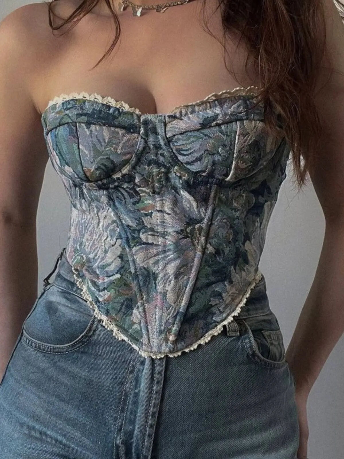 Floral Tie Back Strapless Corset Tank