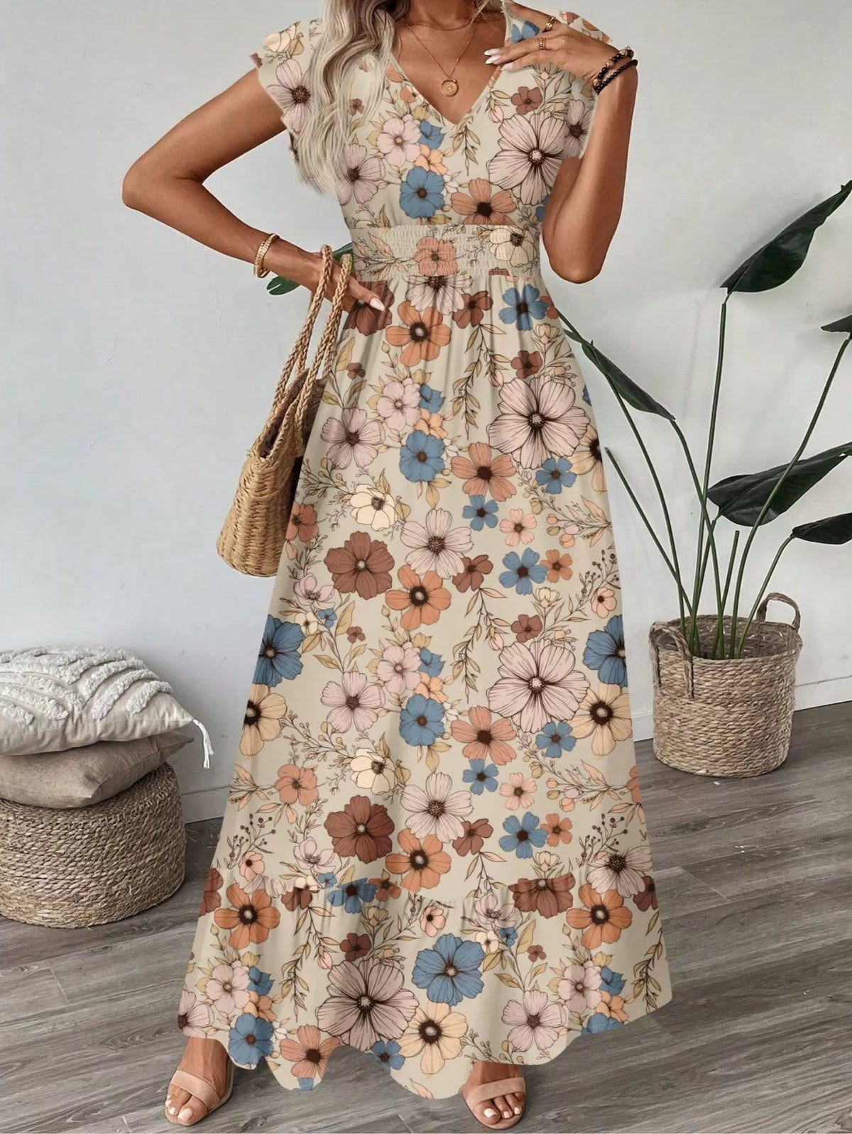 Floral Elegant V-neck Flounce Sleeve A-line Dress