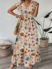 Floral Elegant V-neck Flounce Sleeve A-line Dress