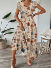 Floral Elegant V-neck Flounce Sleeve A-line Dress