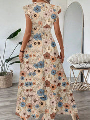 Floral Elegant V-neck Flounce Sleeve A-line Dress