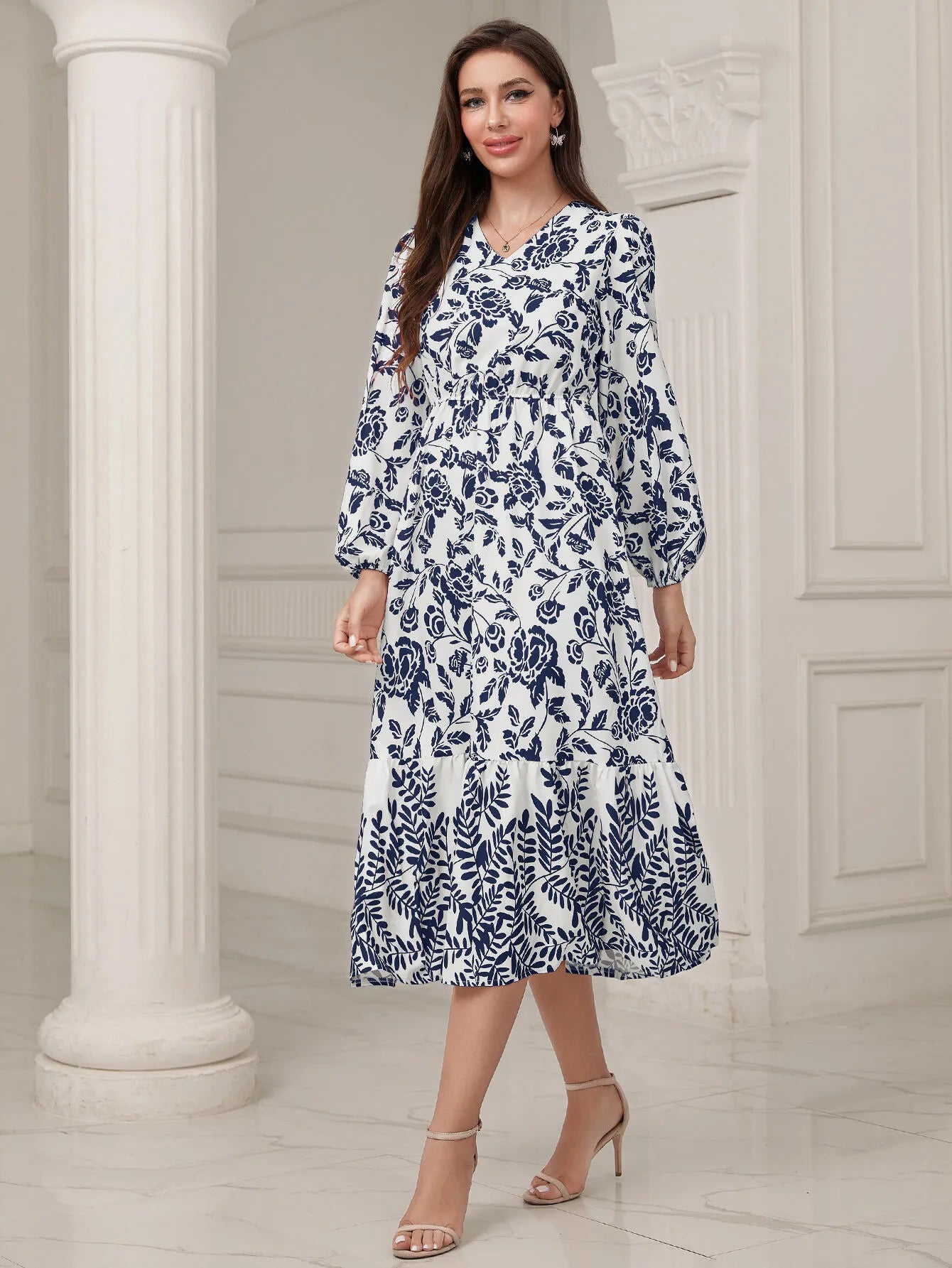 Floral V-neck Lantern Skater Dress