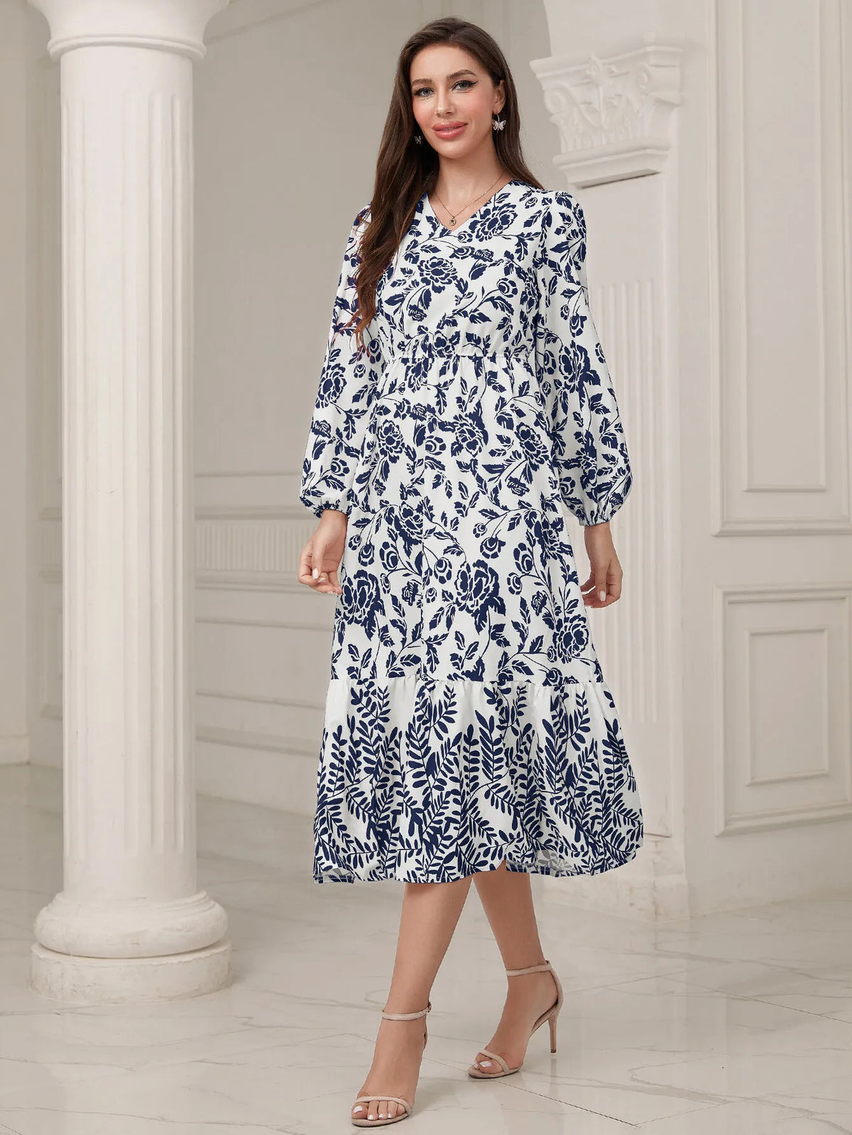 Floral V-neck Lantern Skater Dress