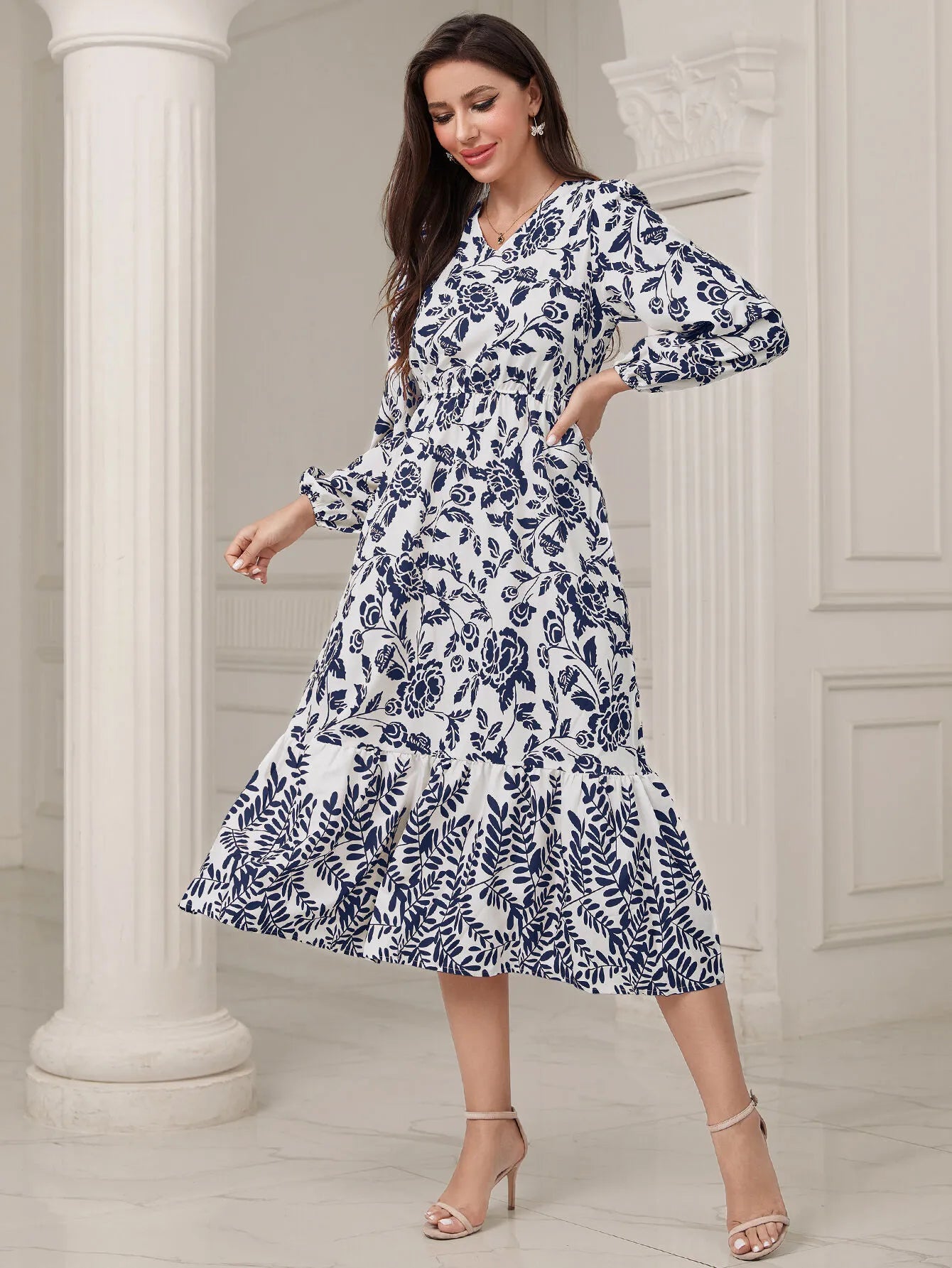 Floral V-neck Lantern Skater Dress