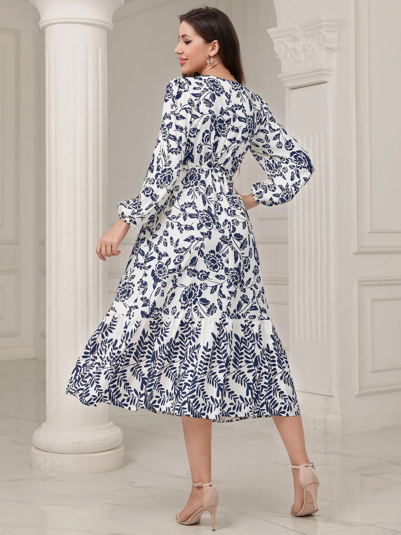 Floral V-neck Lantern Skater Dress