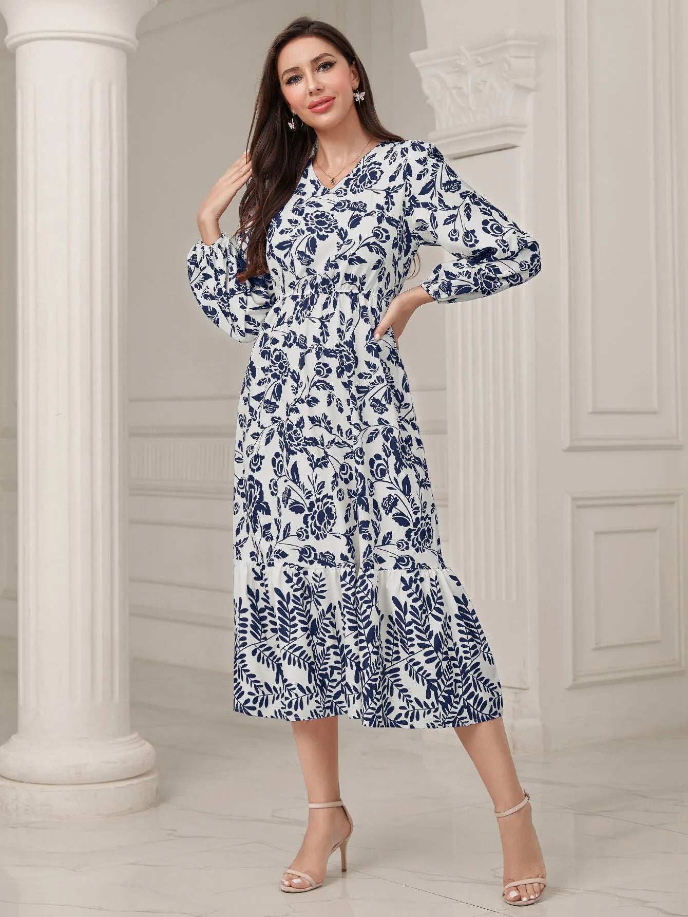 Floral V-neck Lantern Skater Dress