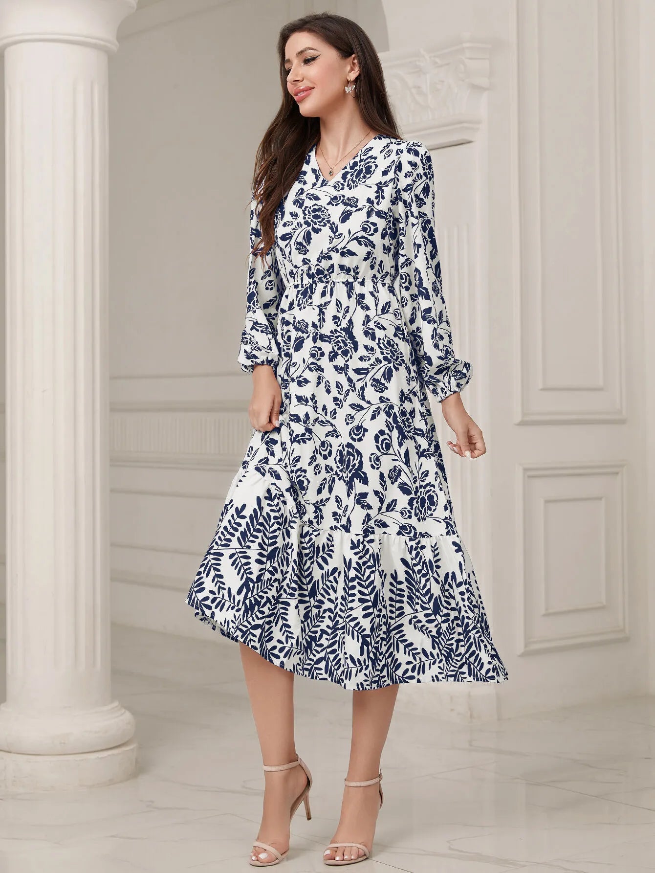 Floral V-neck Lantern Skater Dress