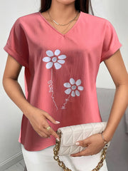 Floral V-neck Pink knitted T-shirt