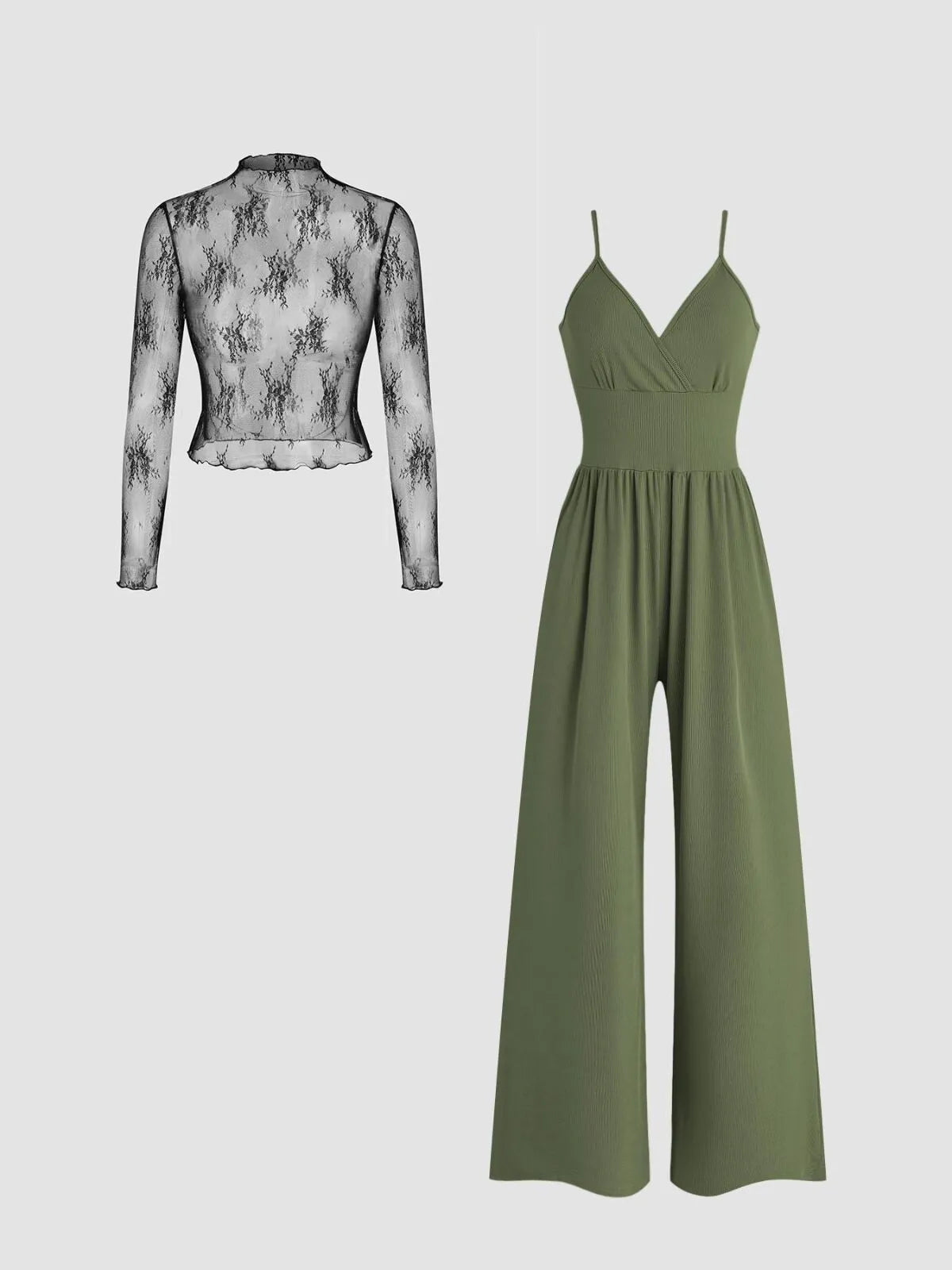 Solid Elegant Lace Floral T-shirt & Solid Pocket Overalls Suspender Pants Jumpsuit Set