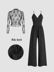 Solid Elegant Lace Floral T-shirt & Solid Pocket Overalls Suspender Pants Jumpsuit Set