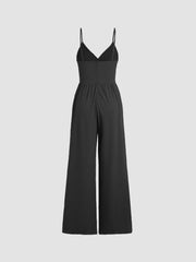 Solid Elegant Lace Floral T-shirt & Solid Pocket Overalls Suspender Pants Jumpsuit Set