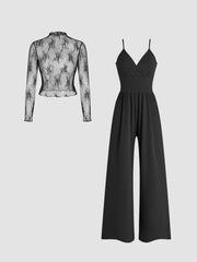 Solid Elegant Lace Floral T-shirt & Solid Pocket Overalls Suspender Pants Jumpsuit Set