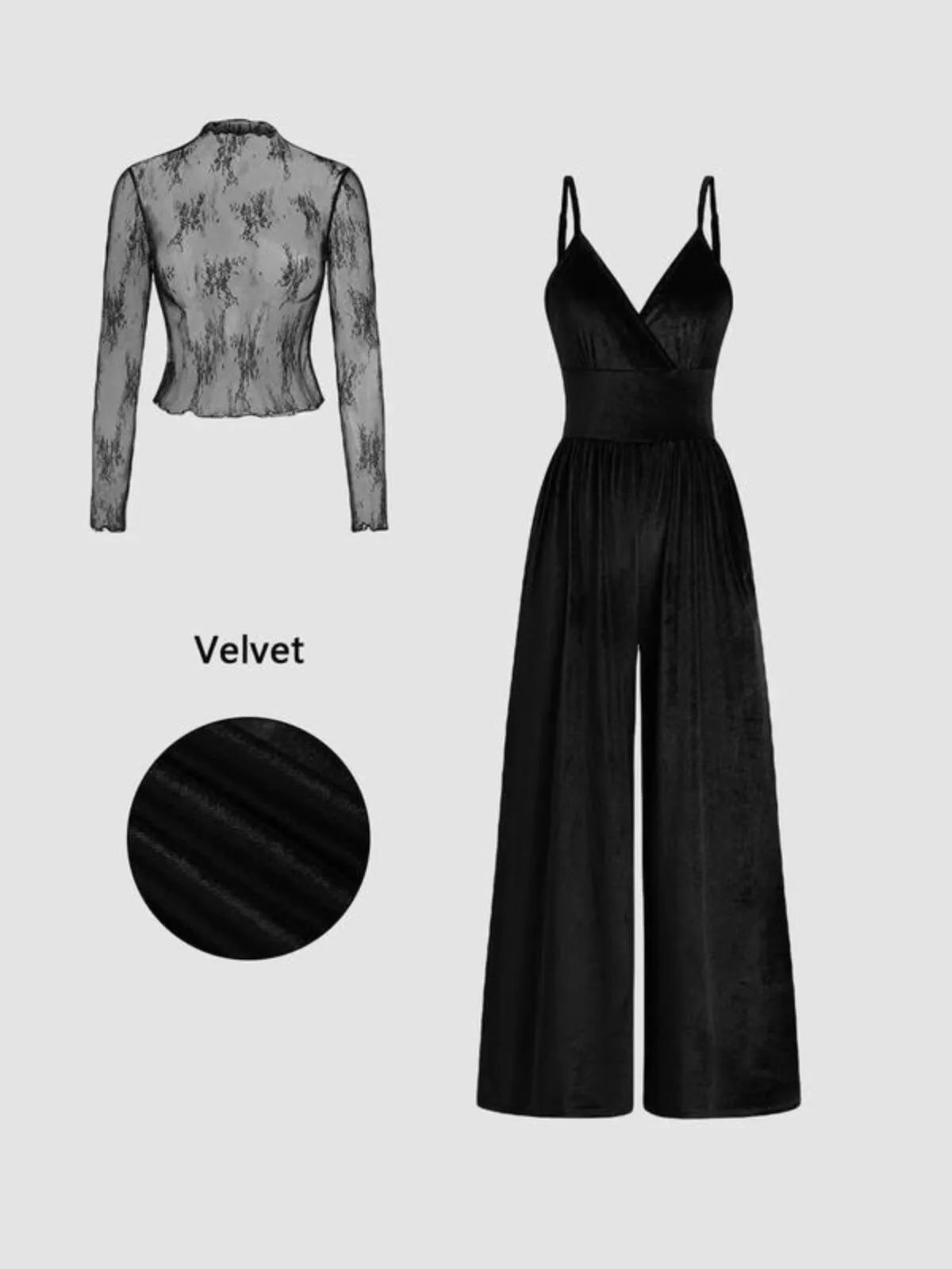 Solid Elegant Lace Floral T-shirt & Solid Pocket Overalls Suspender Pants Jumpsuit Set