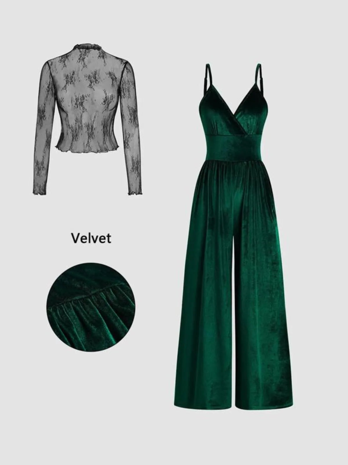 Solid Elegant Lace Floral T-shirt & Solid Pocket Overalls Suspender Pants Jumpsuit Set