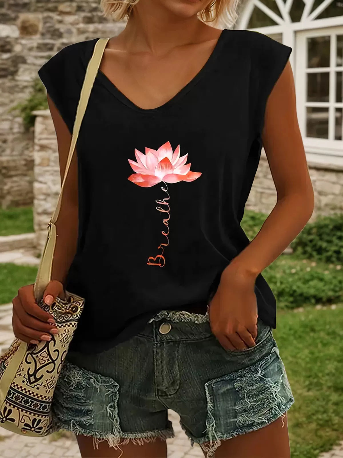 Lotus Print  V-neck Tank