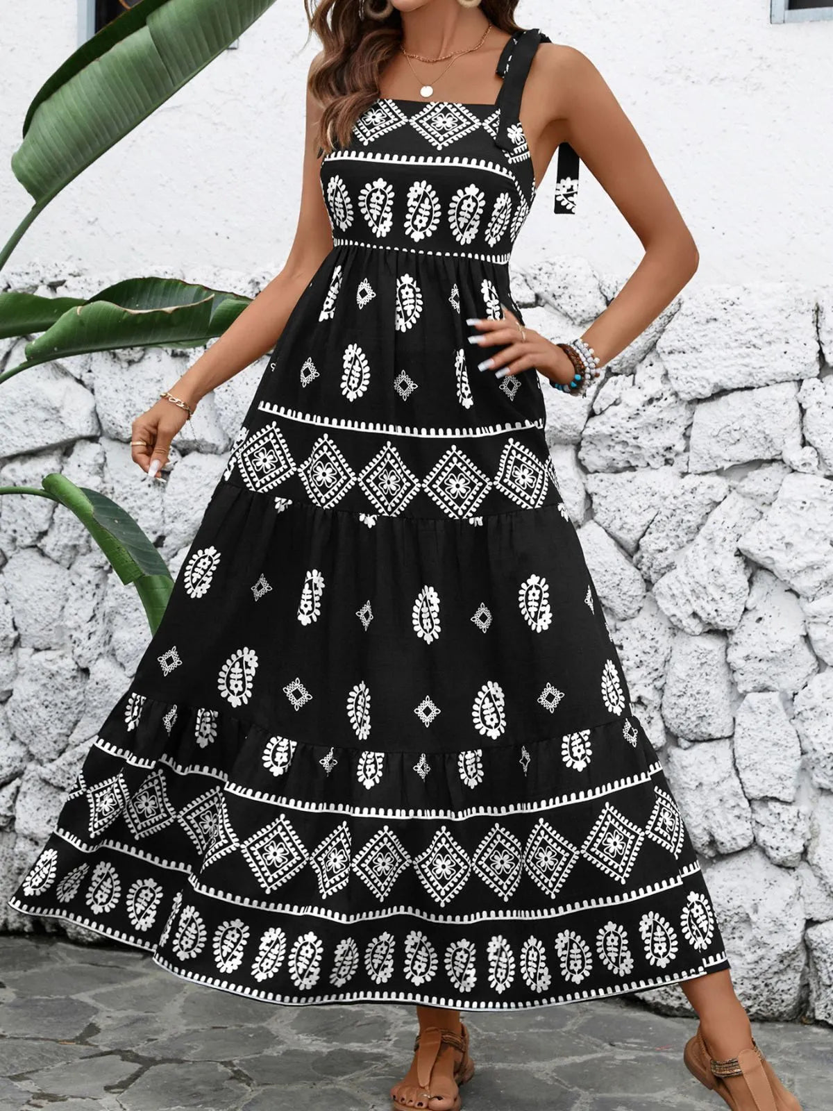 Floral Vacation Lace-up Spaghetti Strap Fit And Flare Dress