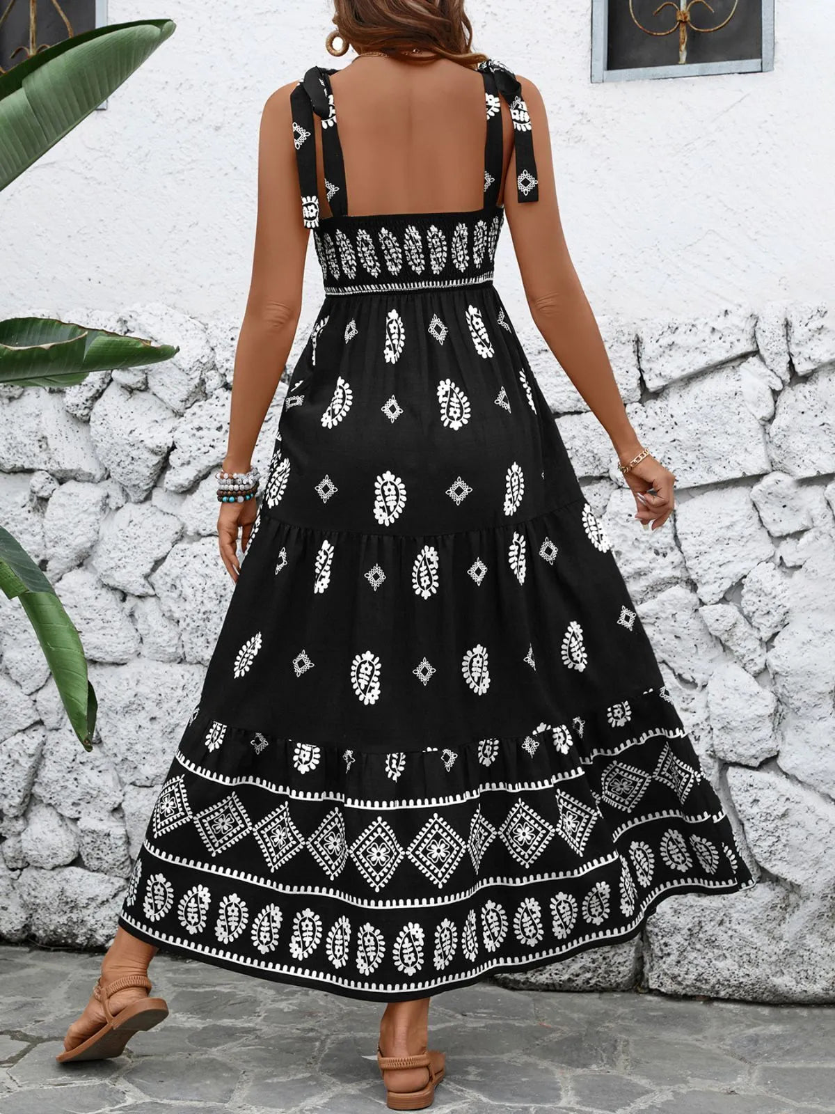 Floral Vacation Lace-up Spaghetti Strap Fit And Flare Dress
