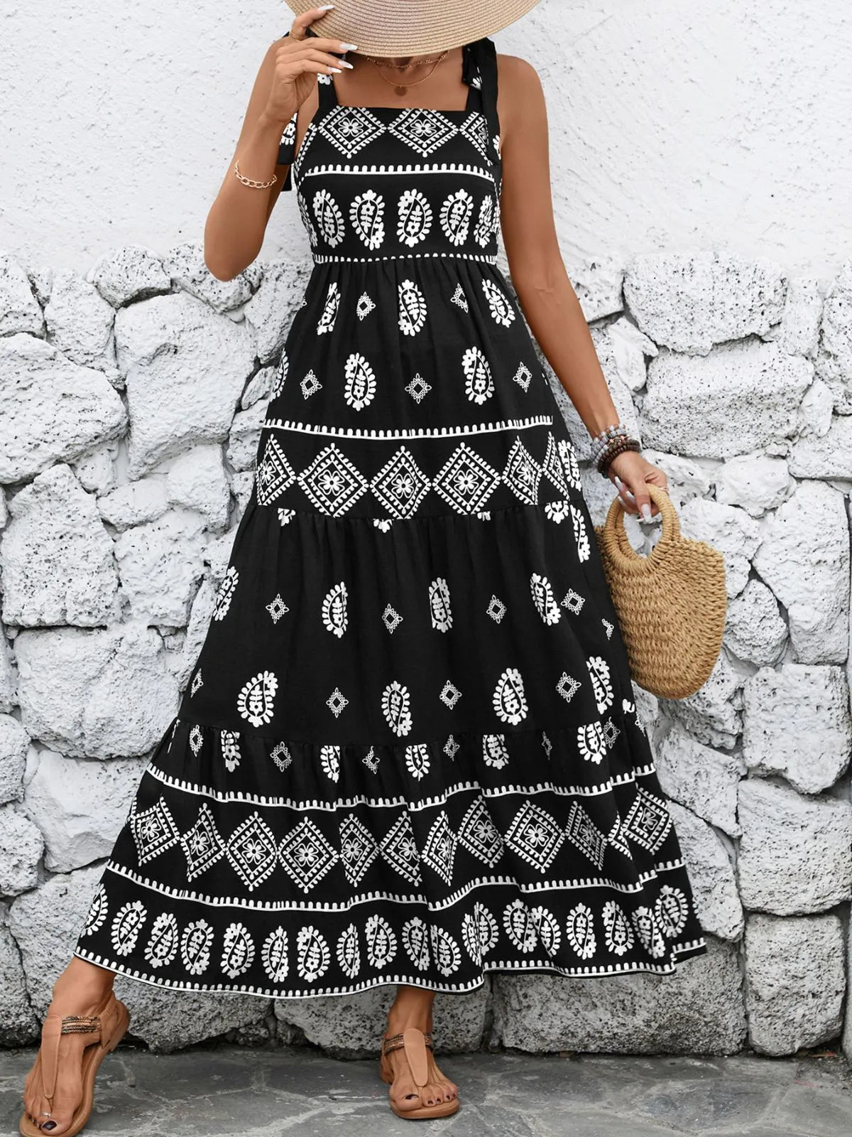 Floral Vacation Lace-up Spaghetti Strap Fit And Flare Dress