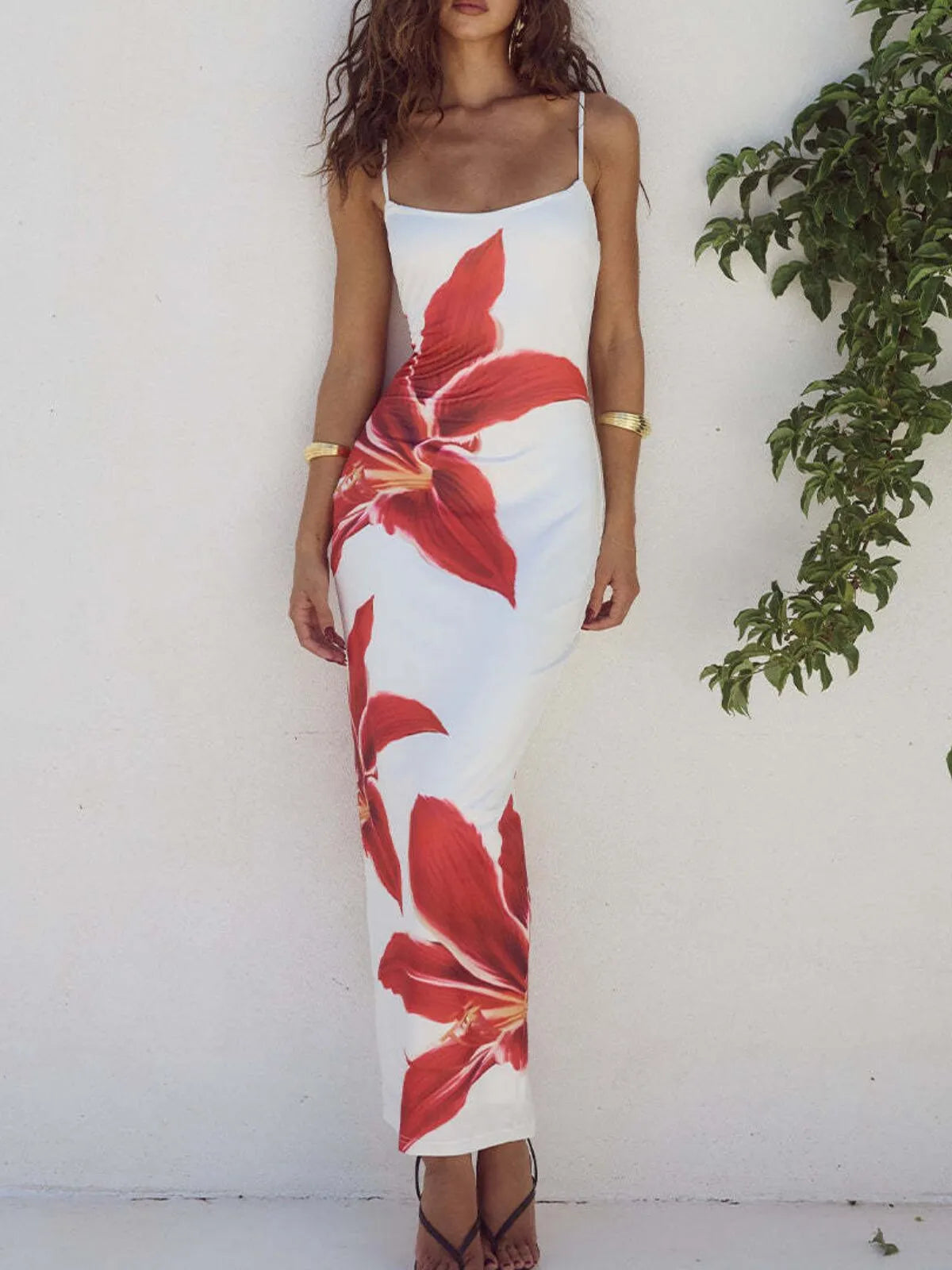 Floral Vacation Sexy Split Spaghetti Strap Fitted Dress