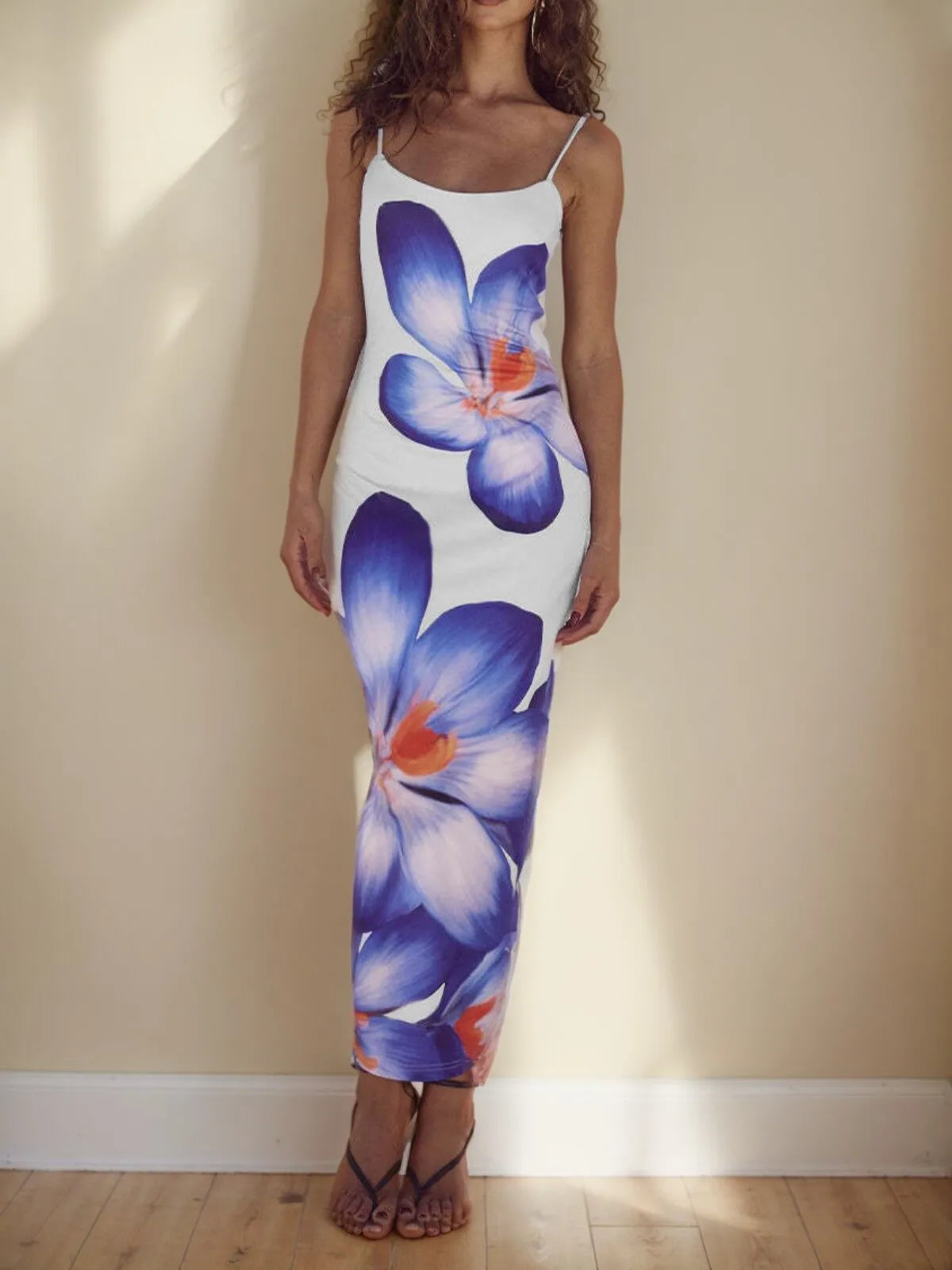 Floral Vacation Split Spaghetti Strap Fitted Dress