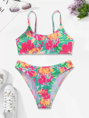 Floral Wrinkle Low Rise Spaghetti Strap Fabric Bikini