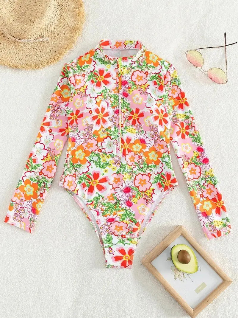 Floral Zipper Funnel Neck One-piece