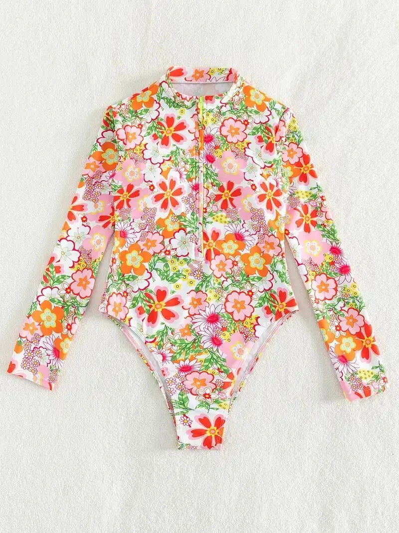 Floral Zipper Funnel Neck One-piece