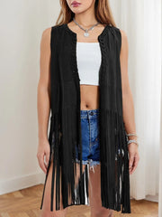 Fringe Round Neck Suedette Retro Vest Cardigan