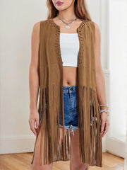 Fringe Round Neck Suedette Retro Vest Cardigan