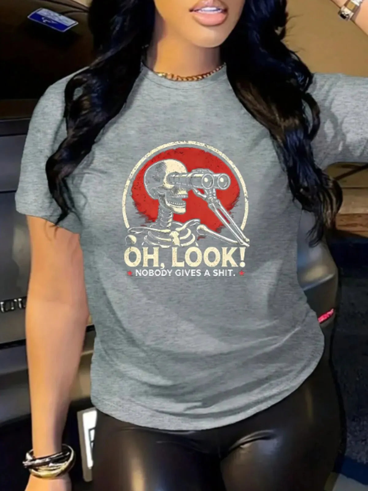 Funny Skeleton Graphic T-Shirt - Oh Look Nobody Gives a Shit Design