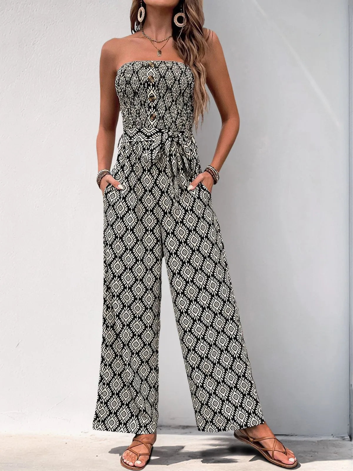 Boho Geometric Button Strapless High Rise Jumpsuits
