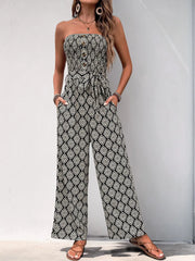 Boho Geometric Button Strapless High Rise Jumpsuits
