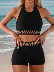 Geometric Lace-up High Rise Halter Tankini