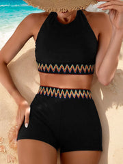 Geometric Lace-up High Rise Halter Tankini