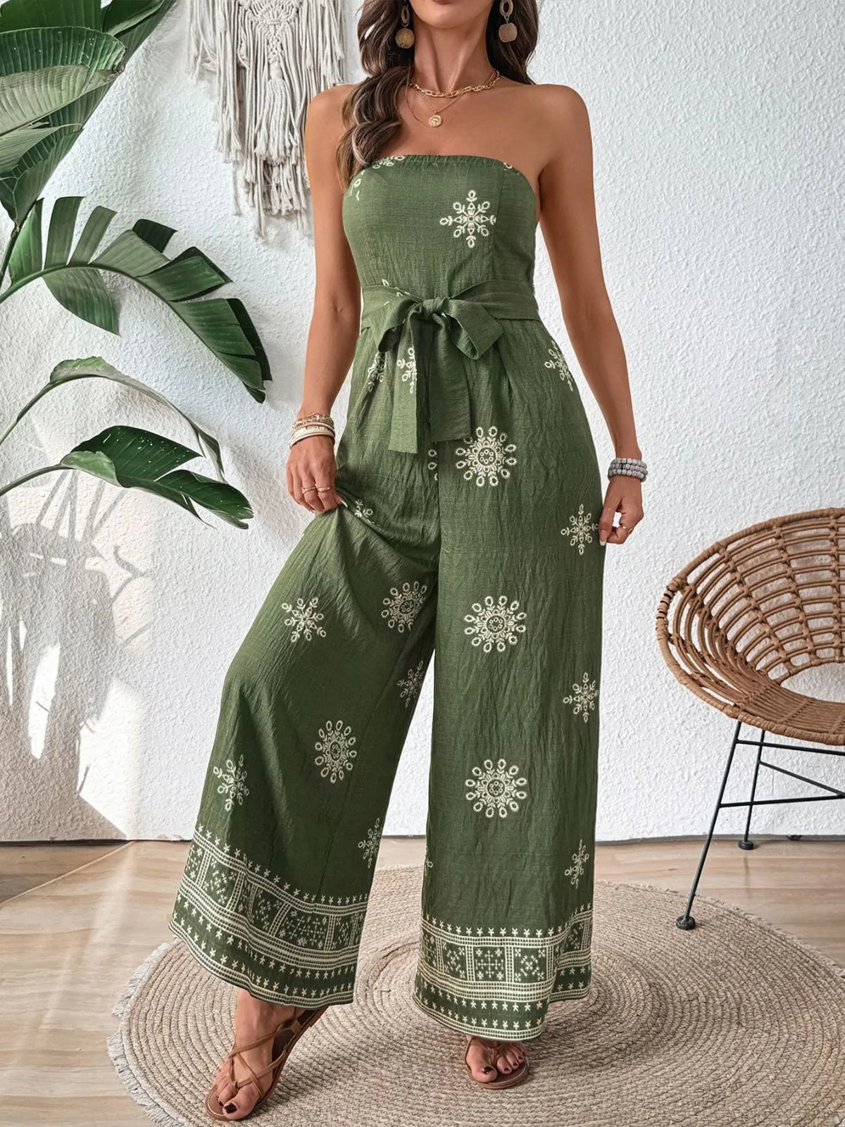 Vacation Geometric Lace-up Strapless High Rise Jumpsuits